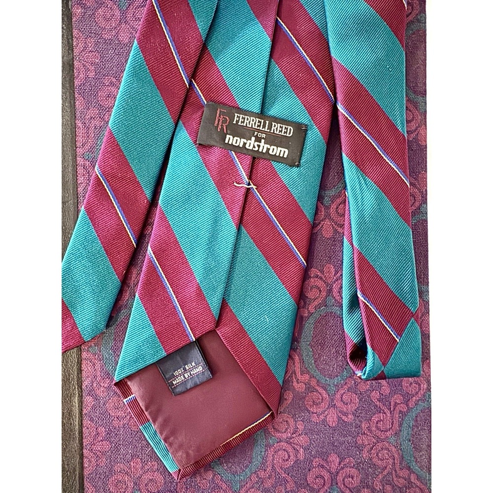 Vintage Ferrell Reed Nordstrom Silk Necktie Tie Regimental Stripe Teal Magenta